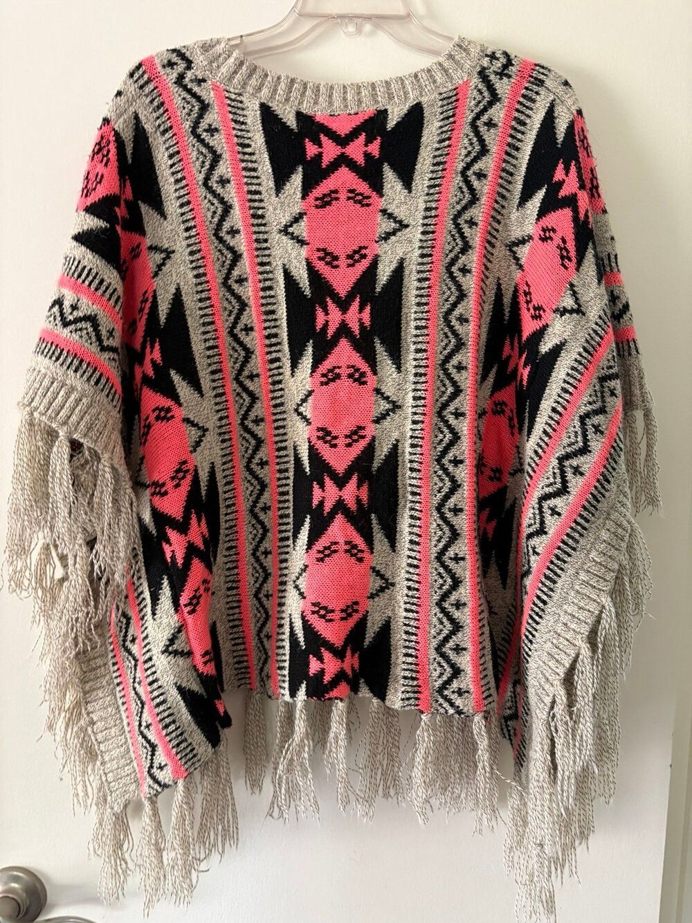 Aztec Fringe Poncho Sweater M Pink Knit Tribal Caftan Cardigan Boho 70s Festival - Picture 3 of 12